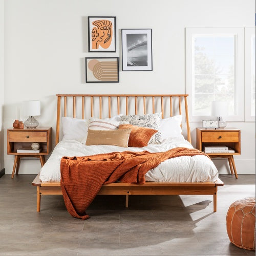 Mid-Century Modern Solid Wood Queen Platform Bed Frame With Spindle Headboard - Caramel - - bed frame