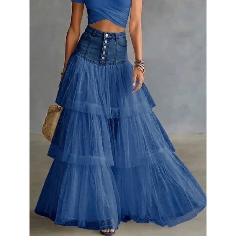 Women's Denim Waist Layered Mesh Maxi Skirt – A-Line Tulle Swing Skirt- FitiqueFit- {{Product type}}