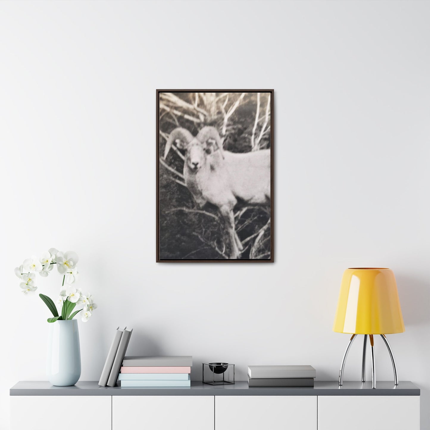 Yellowstone Big Horn Sheep Gallery Canvas Wraps Vertical Frame 20″ x 30″ Premium Gallery Wraps (1.25″) Walnut
