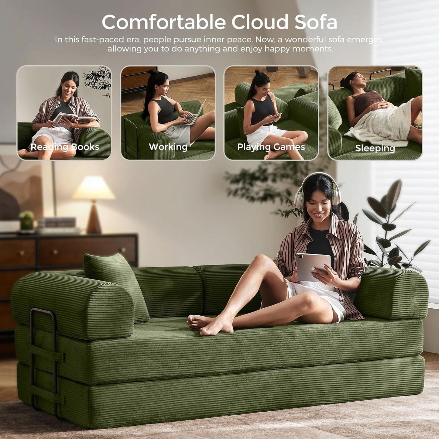 Green Convertible Sofa Bed With Removable Armrests- ShipItFurniture- {{Product type}}