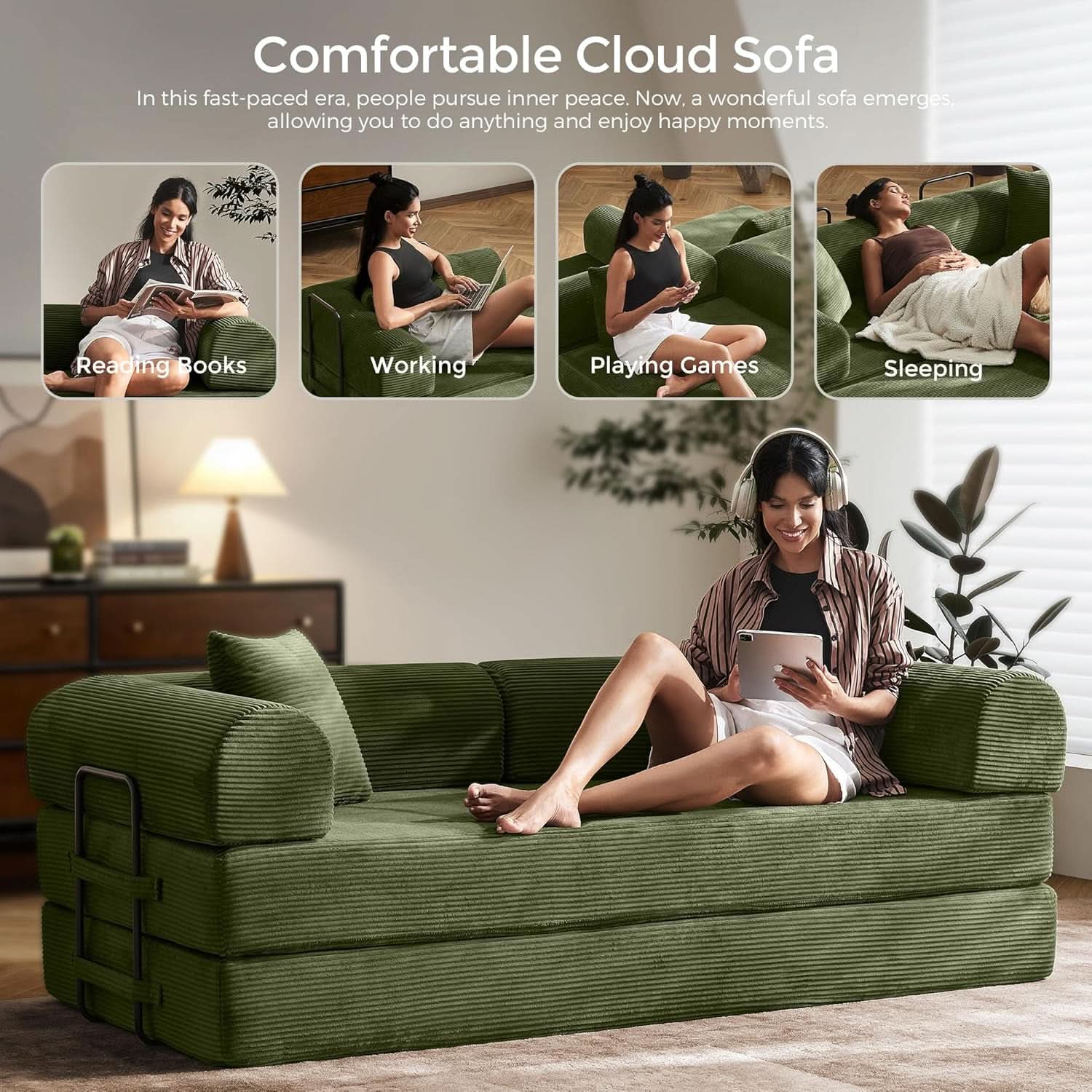 Green Convertible Sofa Bed With Removable Armrests- ShipItFurniture- {{Product type}}