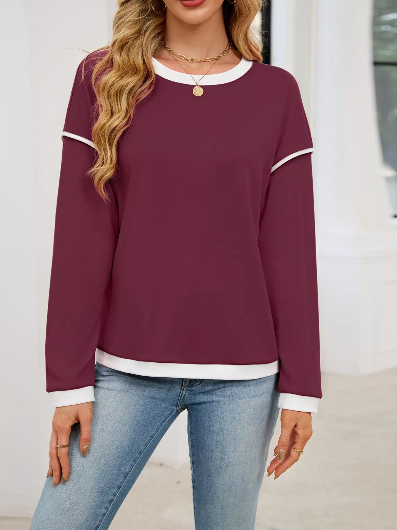 Contrast Trim Long Sleeve Sweatshirt - Burgundy -