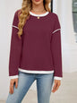 Contrast Trim Long Sleeve Sweatshirt - Burgundy -