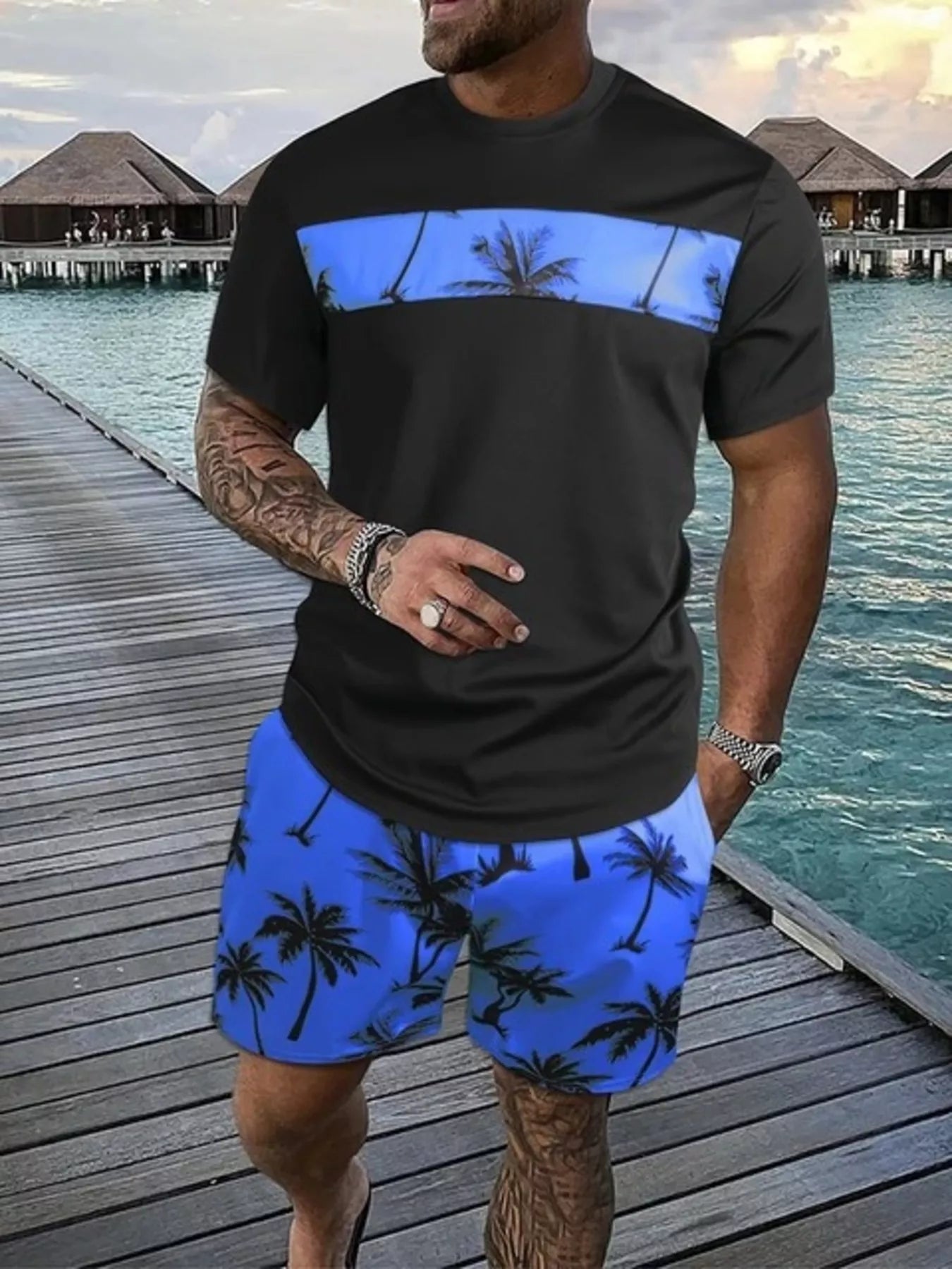 Men's Full Size Tropical Palm Tree Tee and Shorts Set Plus Size - Royal Blue -