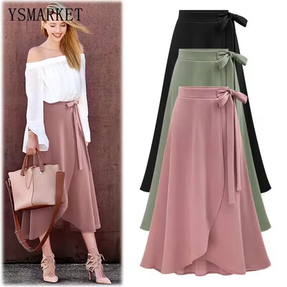 Womens Vintage Slit Long Skirts Jupe High Waist Bowtie Skirt Saia Casual