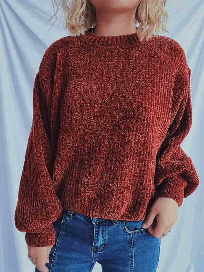 Round Neck Dropped Shoulder Long Sleeve Sweater - Terracotta One Size -