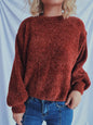 Round Neck Dropped Shoulder Long Sleeve Sweater - Terracotta One Size -