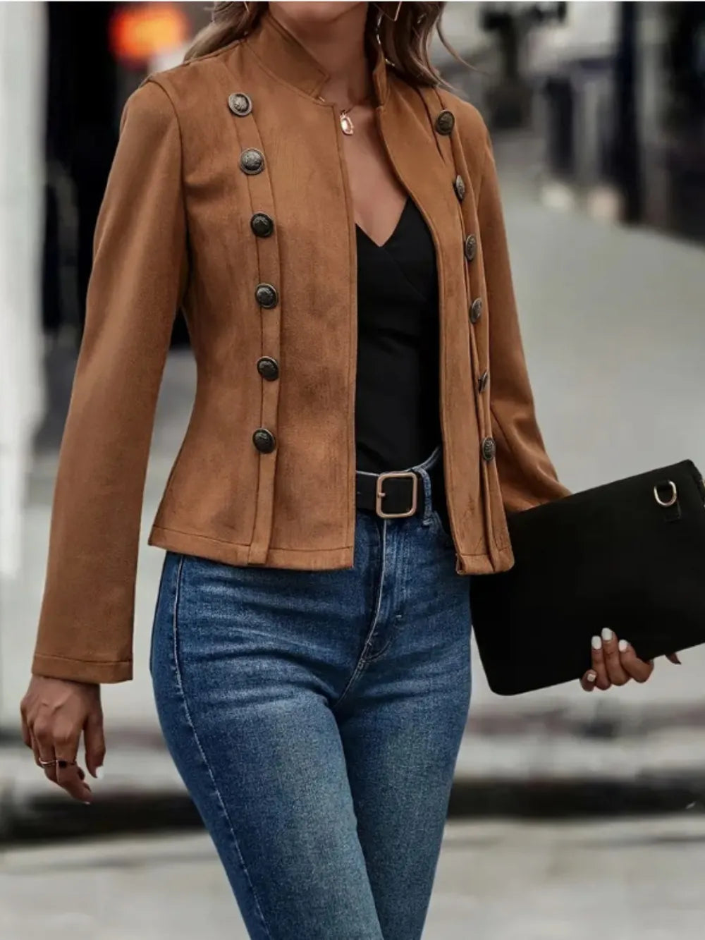 Decorative Button Open Front Long Sleeve Jacket - -