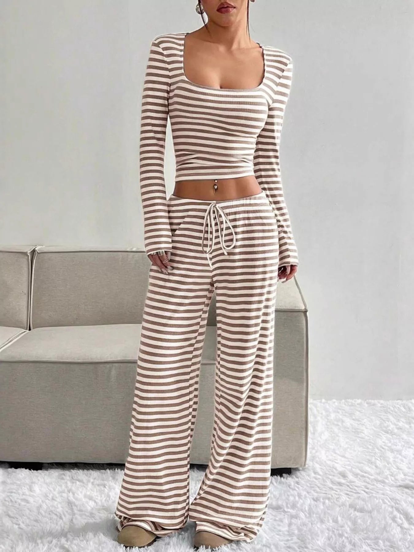 Striped Long Sleeve Crop Top & Wide Leg Pants Set- Shopimist- {{Product type}}