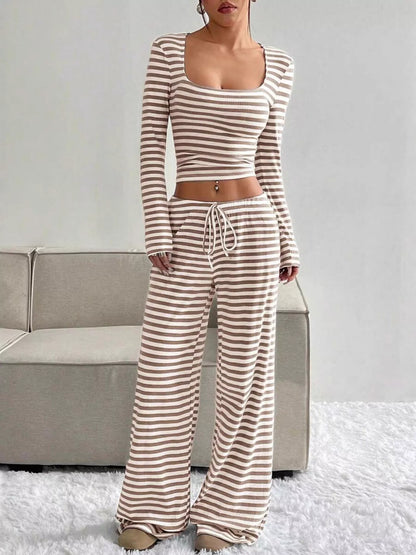 Striped Long Sleeve Crop Top & Wide Leg Pants Set- Shopimist- {{Product type}}