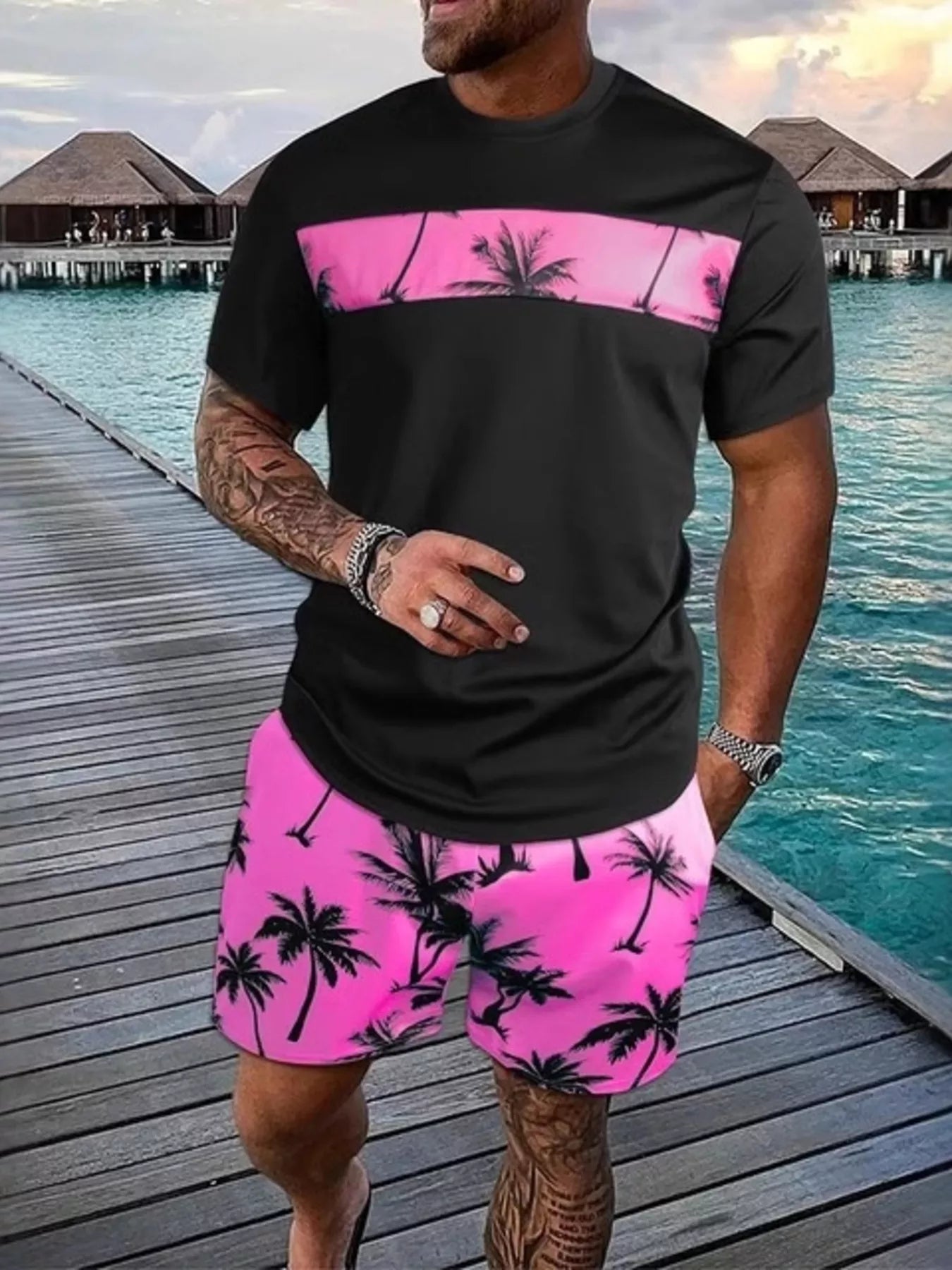 Men's Full Size Tropical Palm Tree Tee and Shorts Set Plus Size - Hot Pink -