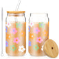 Cunhill 2 Sets 16 oz Glass Cups with Lids and Straws - Flower Style - drinkware