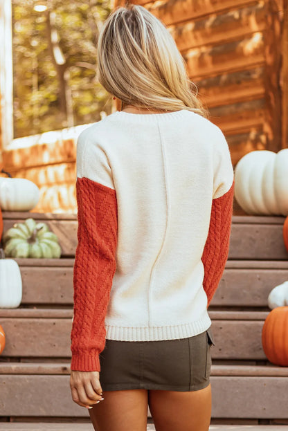 Color Block Round Neck Long Sleeve Sweater - -