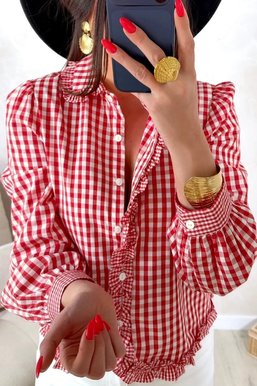 Plaid Long Sleeve Button Down Frill Detail Casual Shirt - -