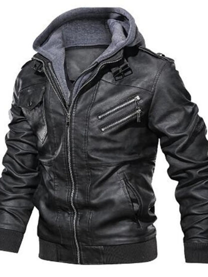 Men's Full Size Vintage Hooded Leather Jacket Plus Size - Grey -