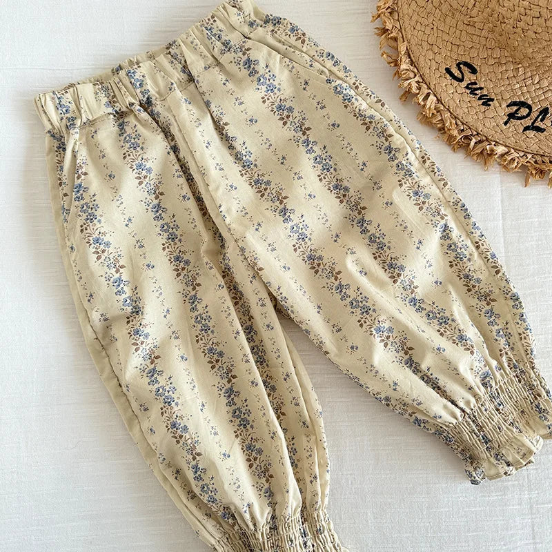 Kids High Waist Pants Floral Printed light beige