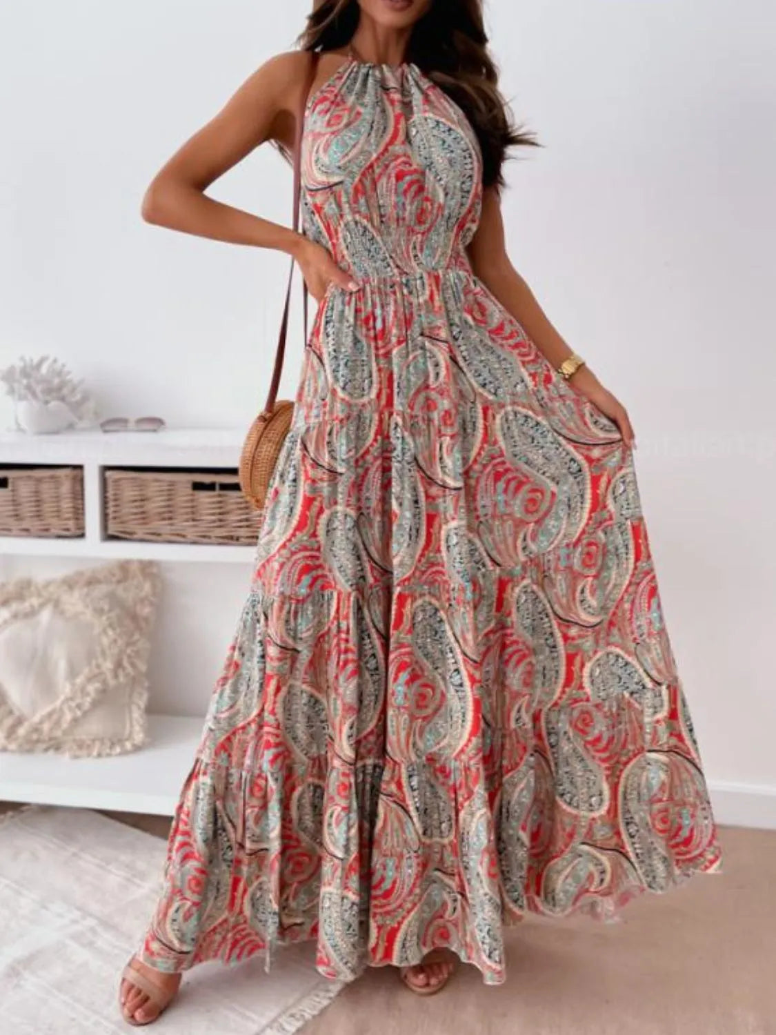 Printed Halter Neck Maxi Dress - Red Flower -