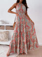 Printed Halter Neck Maxi Dress - Red Flower -