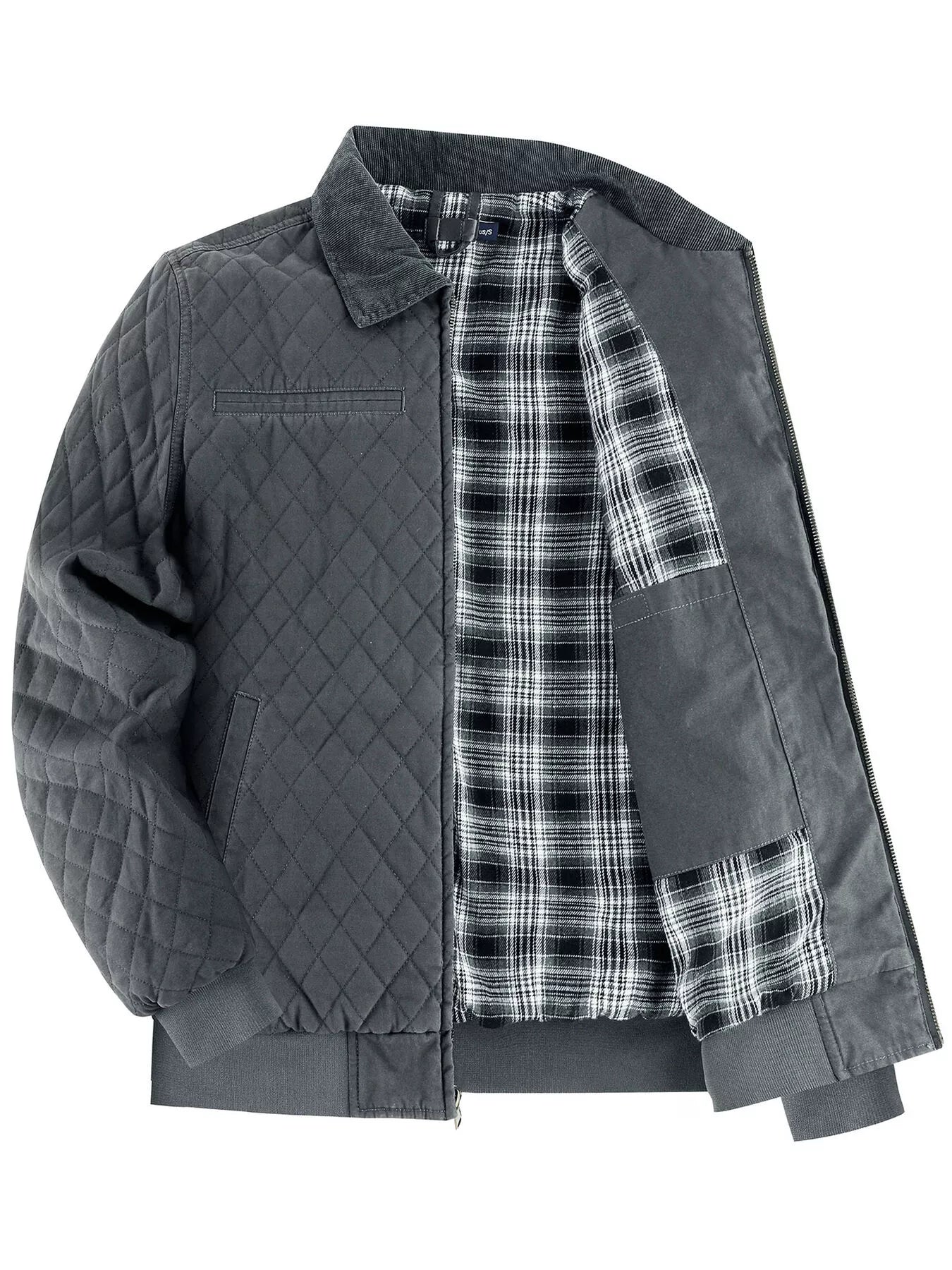 Men's Quilted Collared Neck Jacket with Plaid Lining - -