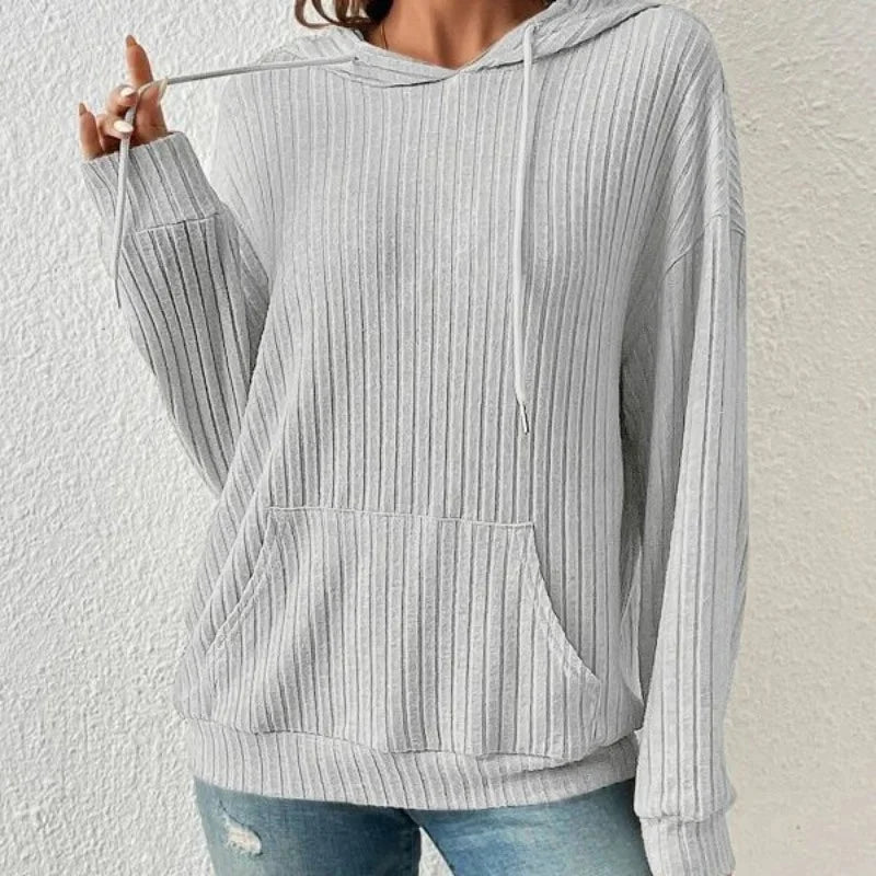 Long Sleeve Round Neck Sweater Hooded Kangaroo Pocket Casual Solid Top