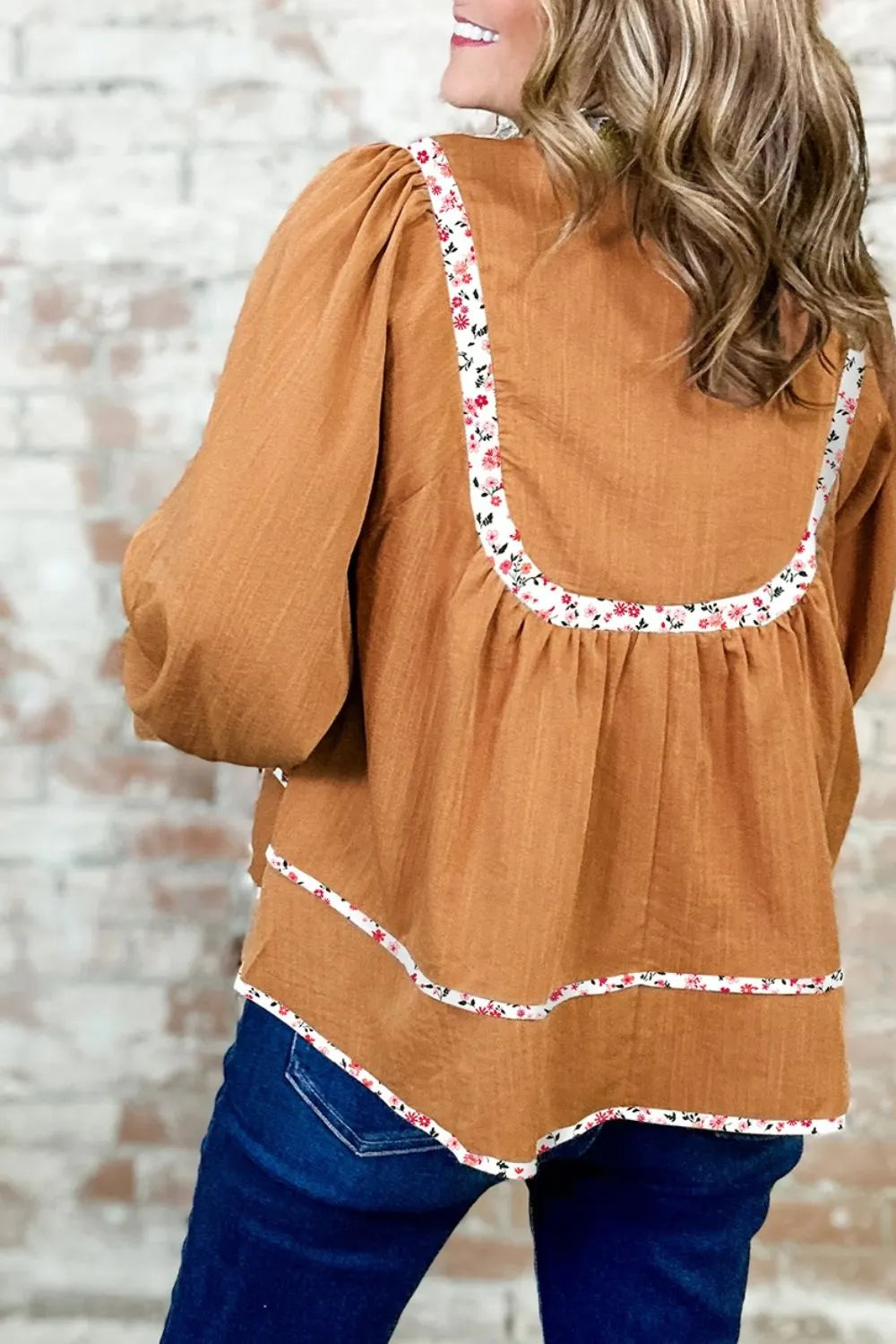 Floral Trim Long Sleeve Blouse - -