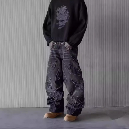 Retro Patchwork Hole Jeans - - jeans