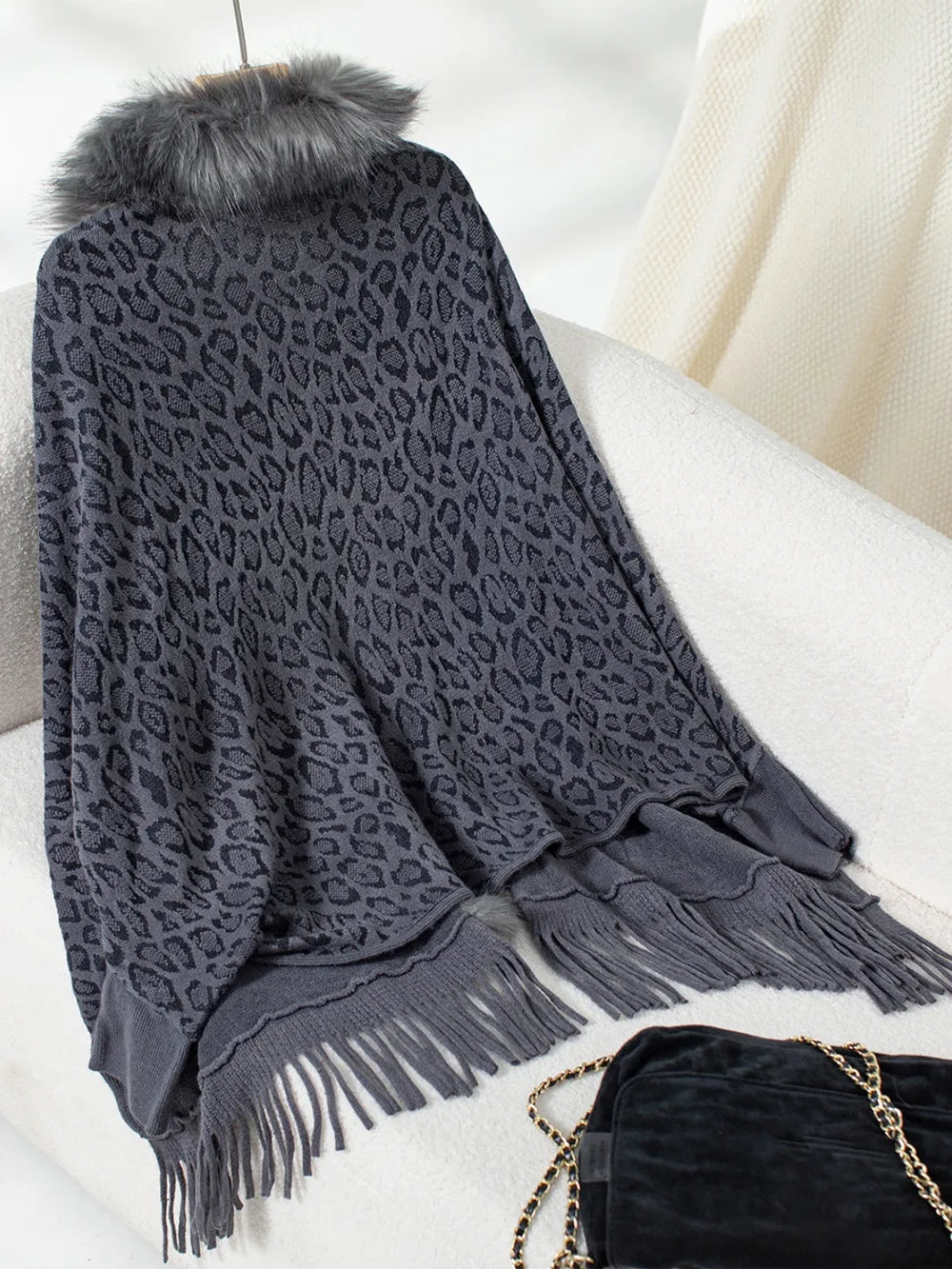 Fringe Leopard Open Front Long Sleeve Poncho - -