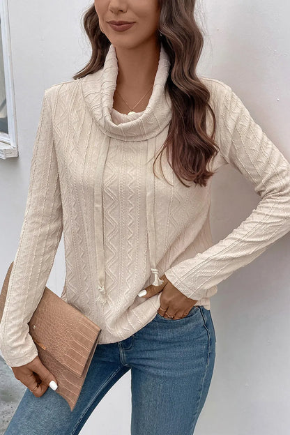 Perfee Tied Mock Neck Long Sleeve Knit Top - -