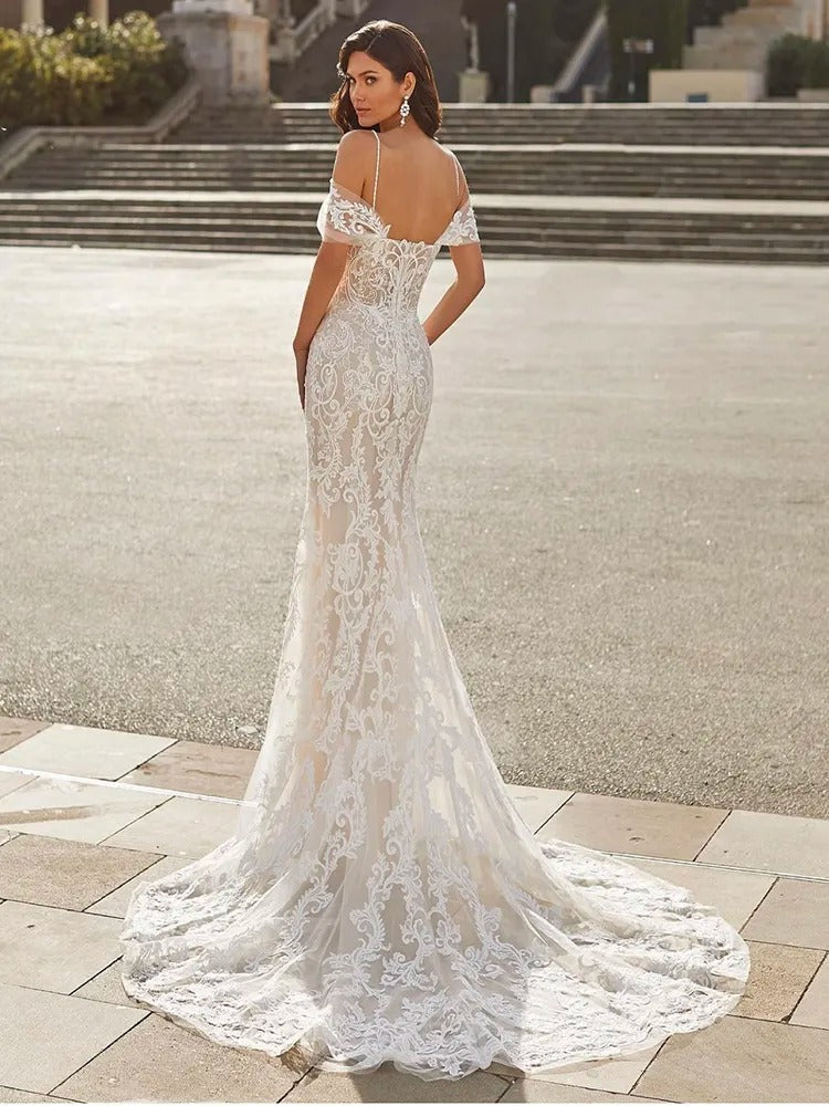 Chic Ivory Boat Neck Bridal Dress with Slit - - dress