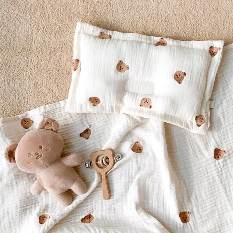 Cotton Quilted Infant Baby Pillow Lovely Embroidery Bear Pillow