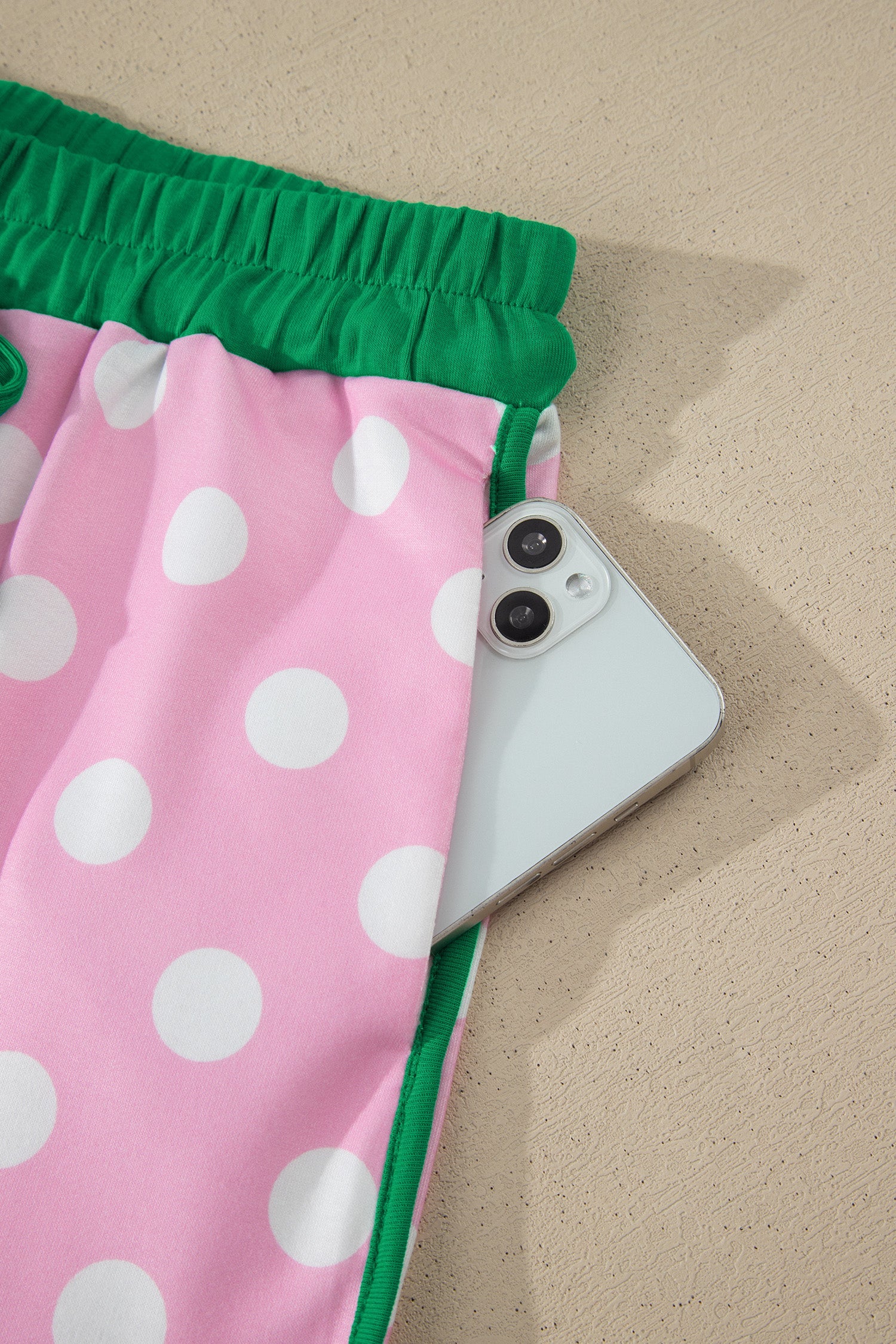 Pink Polka Dot Contrast Edge Casual Short Set - - Two Piece Sets/Short Sets