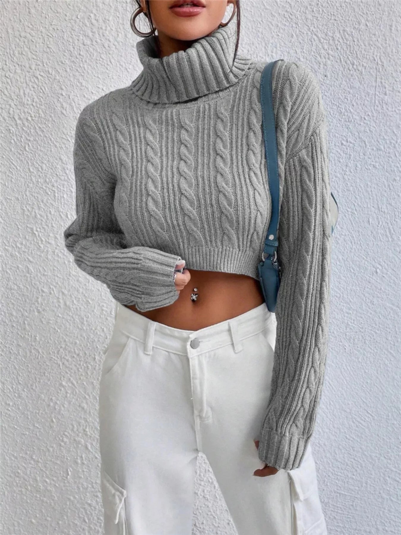 Cable-Knit Turtleneck Long Sleeve Sweater - -