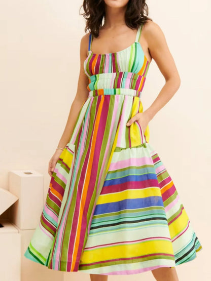 Colorful Striped Spaghetti Strap Midi Dress - -
