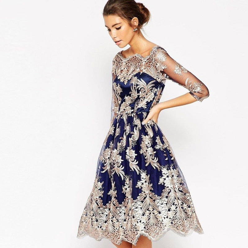 Embroidered Lace Dress Vintage Puff Gown - - dress
