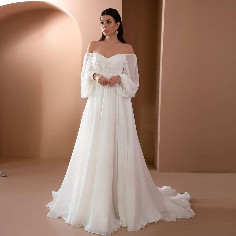 Elegant White Off Shoulder Ruched Gown - - dress