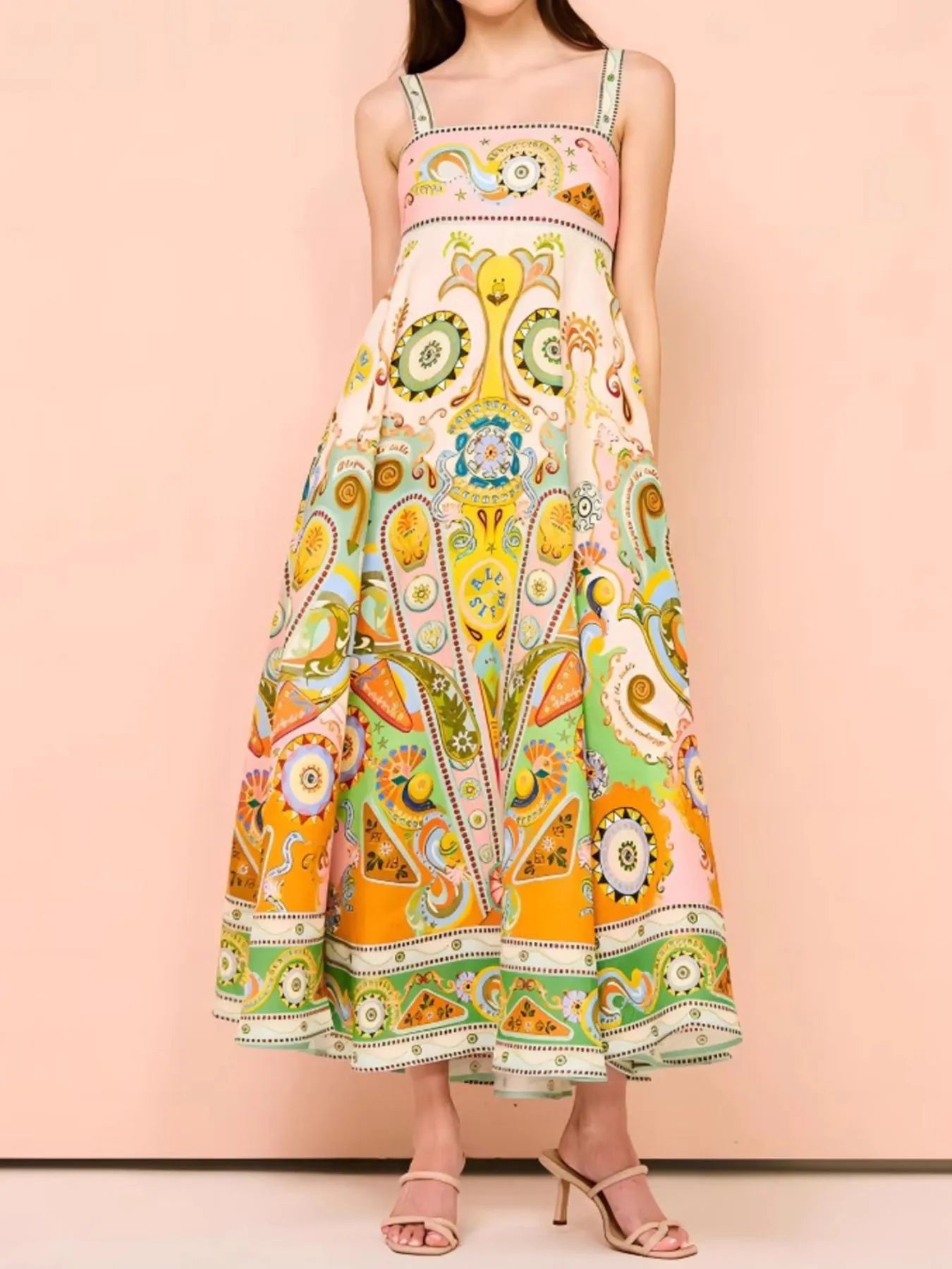 Paisley Print Square Neck Summer Dress - -