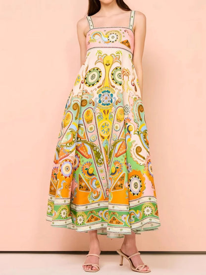Paisley Print Square Neck Summer Dress - -
