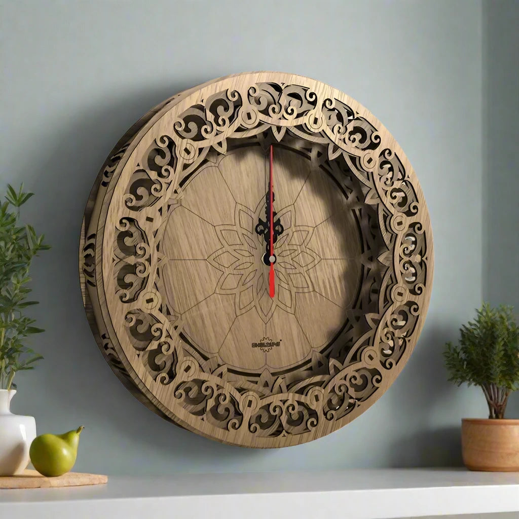 Large Decorative Clock Round Wood Craft Wall Clock