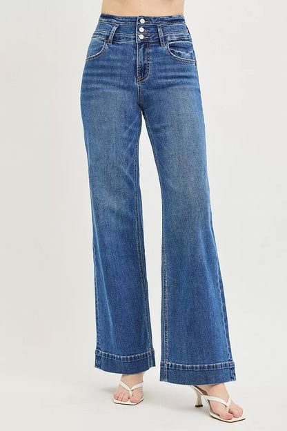 RISEN High Rise Wide Leg Wide Band Detail Jeans - - jeans
