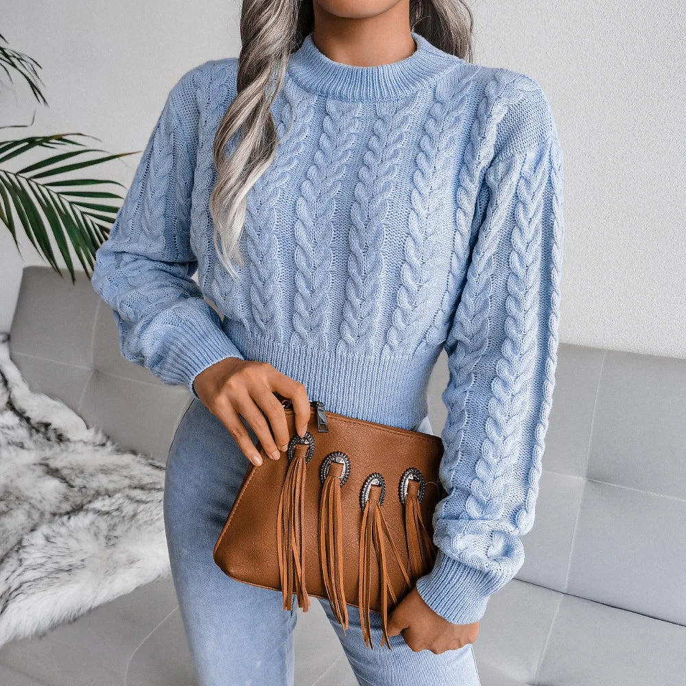 Women Twist Knitted O-Neck Long Lantern Sleeve Slim Knitwear Pullover Top