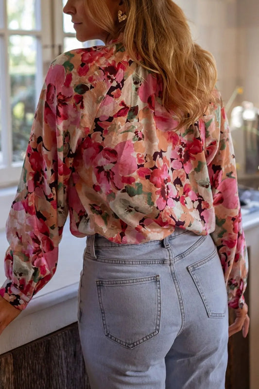Frill Floral Button Down Long Sleeve Shirt - -