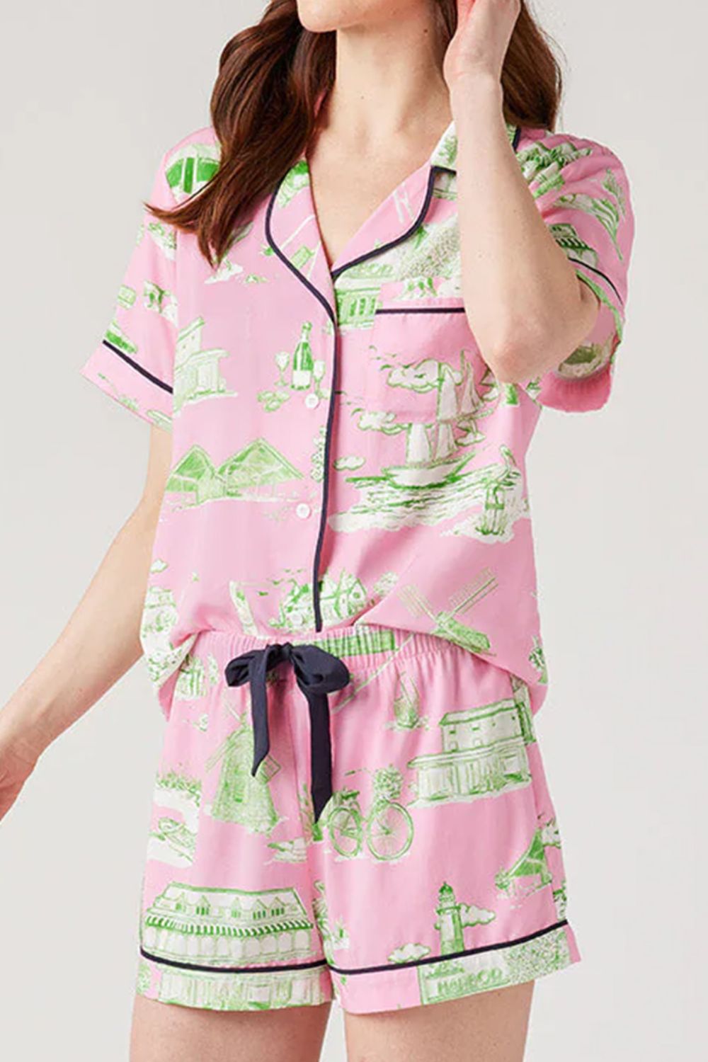 Collared Neck Printed Top and Drawstring Shorts Lounge Set- Wild and Free Boutique- {{Product type}}