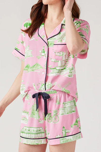 Collared Neck Printed Top and Drawstring Shorts Lounge Set- Wild and Free Boutique- {{Product type}}