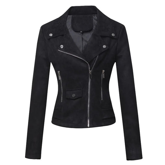 Slim Zipper Lapel Solid Color Suede Leather Women's Short Jacket