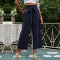 Solid Slant Pocket Belted Pant Women Trousers High Waist Casual Wide Leg Pants Black