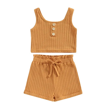 Solid Color Tank and Ribbed Drawstring Shorts Set Yellow