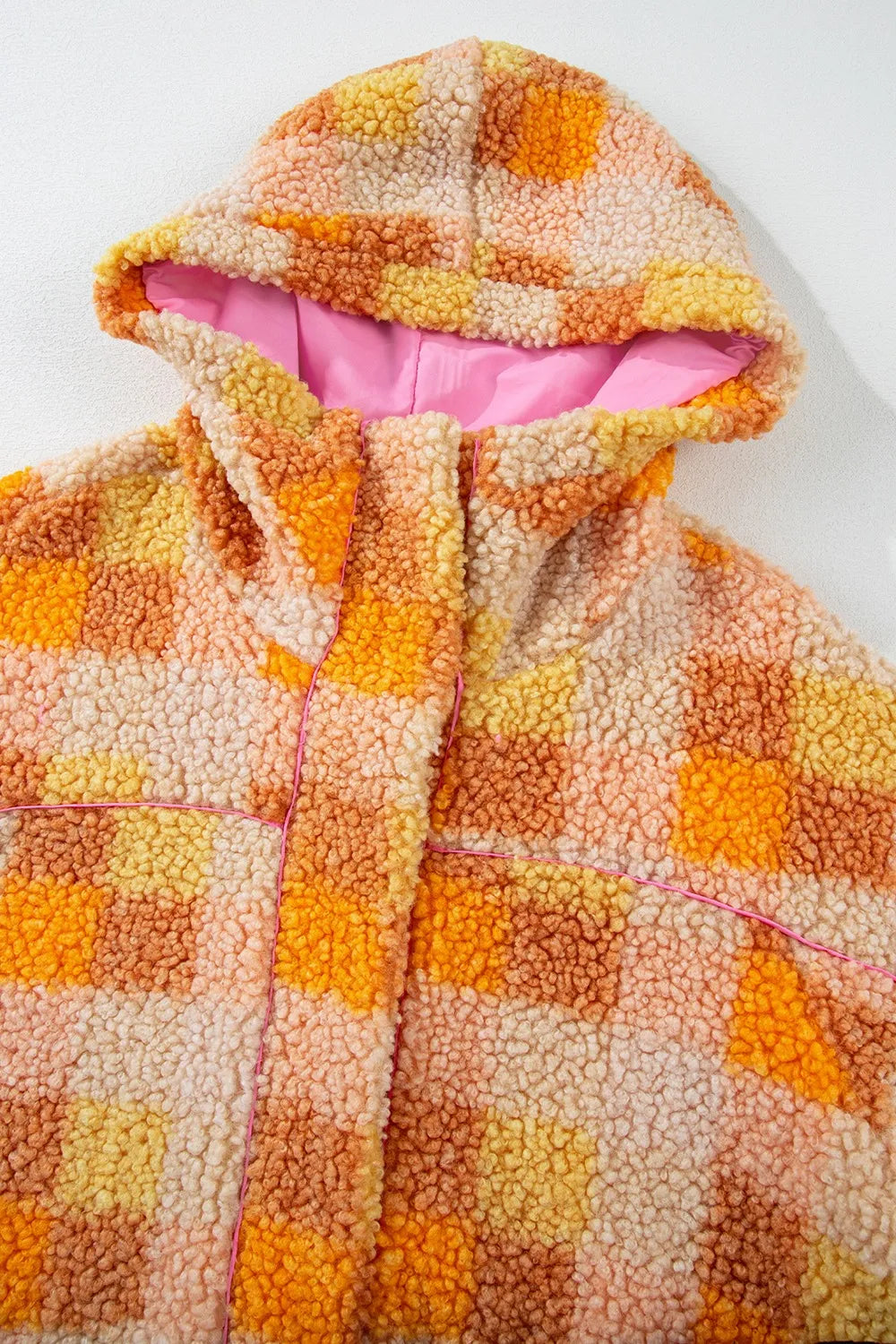 Checkered Long Sleeve Sherpa Hooded Jacket - -