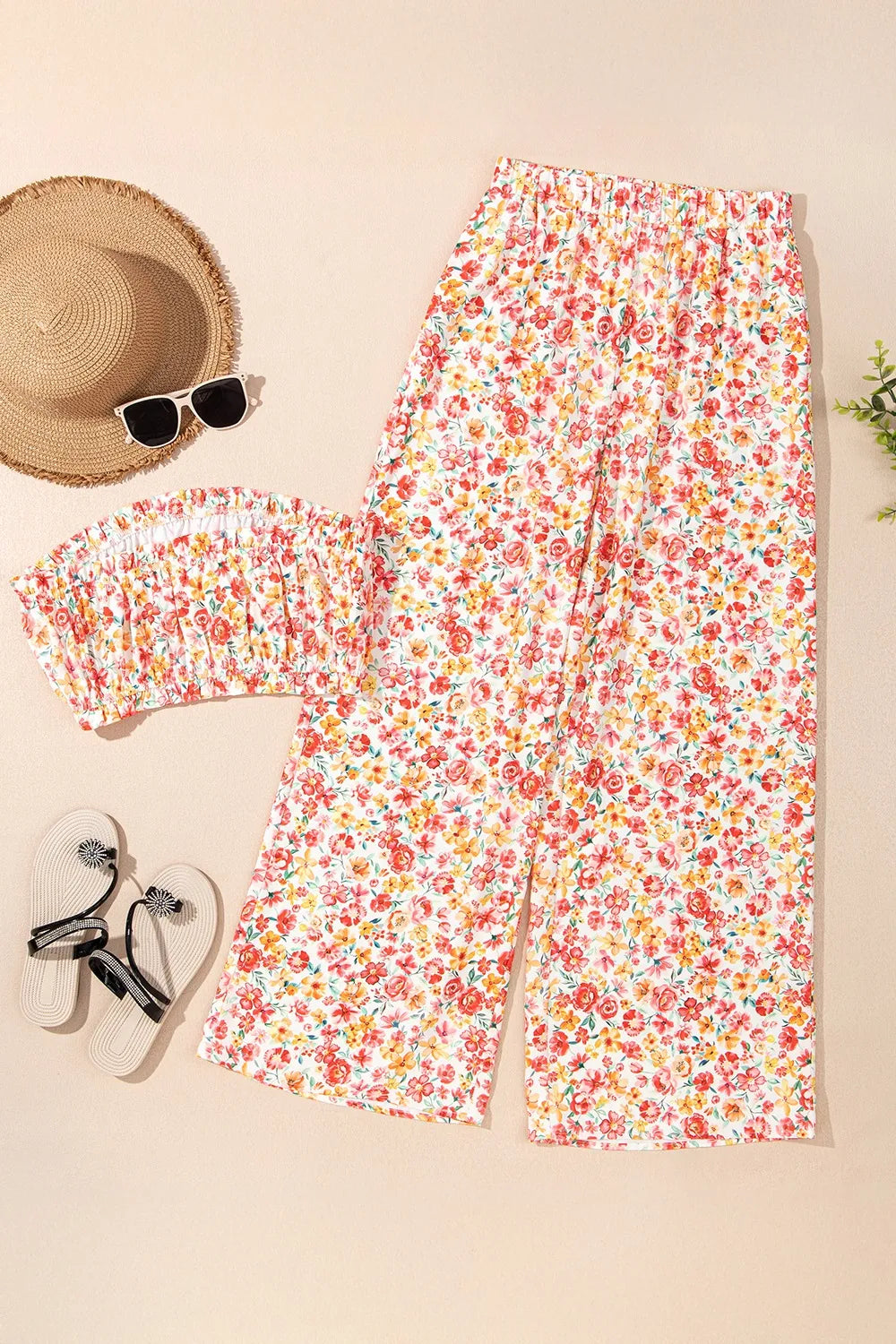 Boho Floral Bandeau Top and High Waist Wide Leg Pants Set - -
