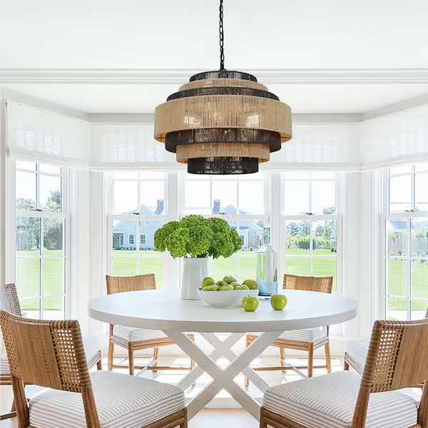 Open Box Prime Ray Luster Boho 24 in. 6-Light 7-Tier Hand Woven Rattan Pendant Chandelier Light with Large Shade and Black Finish - - Open Box Prime Ray Luster Boho 24 in. 6-Light 7-Tier Hand Woven Rattan Pendant Chandelier Light with Large Shade and Black Finish