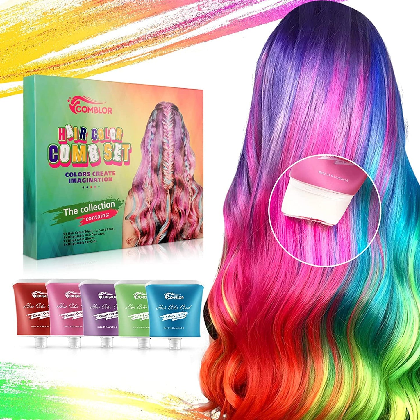 COMBLOR 5-Piece Hair Color Comb Set - 5 Colors - Red Pink Purple Blue Green Gift Set - hair color